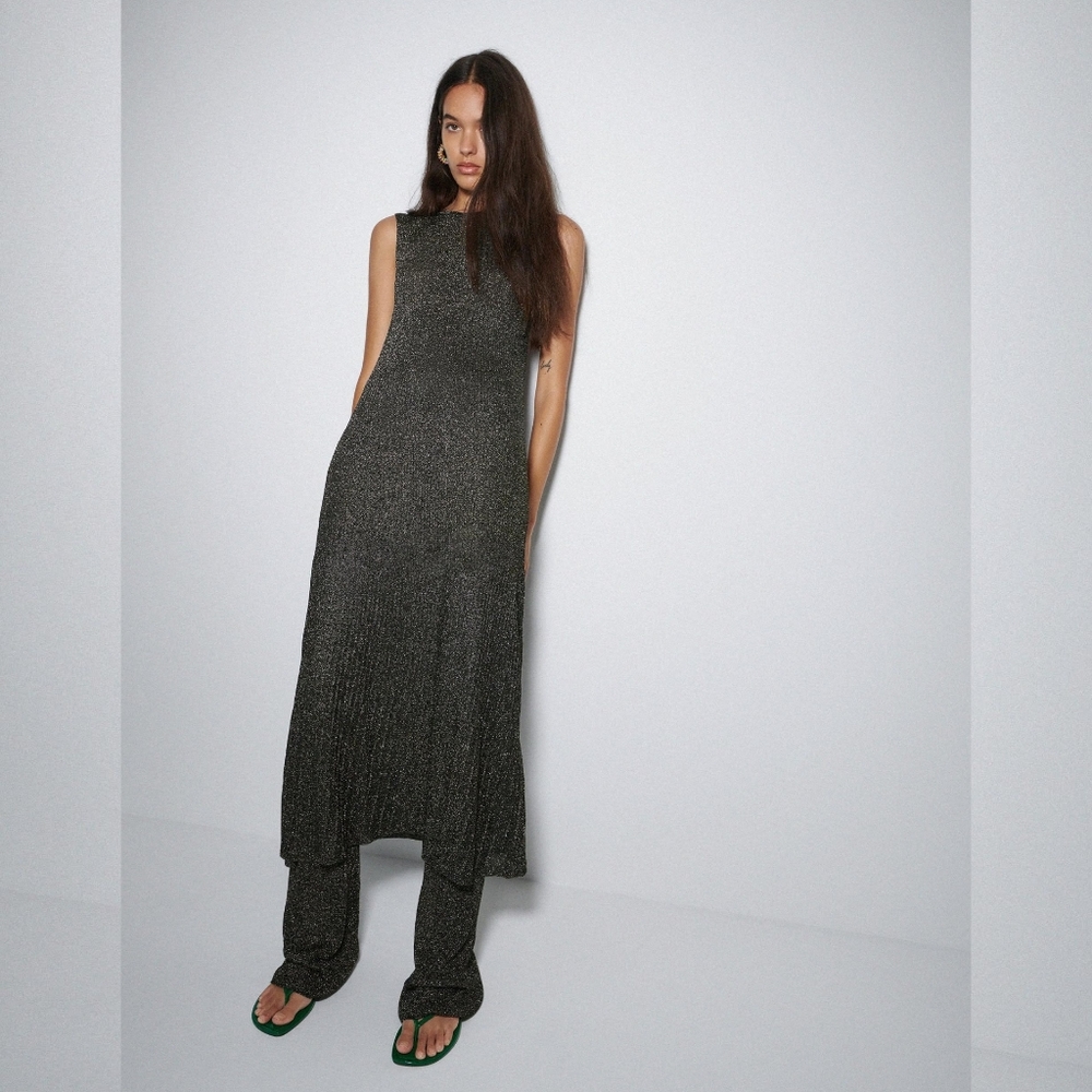 Zara Metallic Thread Knit Pleated Dress M